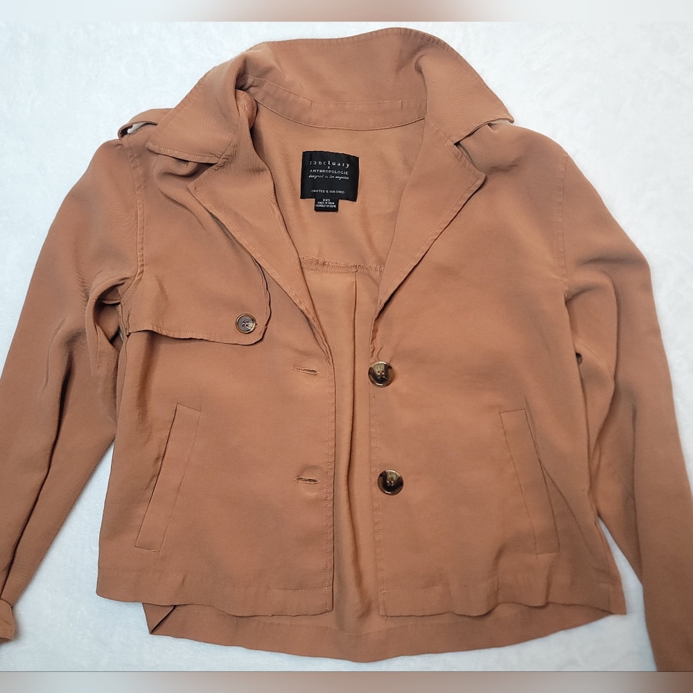 Anthropologie X Sanctuary Cropped Trench Coat Sz XXS Tan Slant Pockets Buttons - Picture 9 of 16